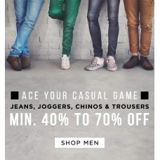 Deals, Discounts & Offers on Men Clothing - Min 40%-70% off on Branded Jeans, Chinos & trousers