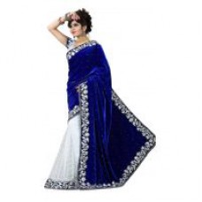 Deals, Discounts & Offers on Women Clothing - 86% Off on Designer Blue White Net Velvet Saree (With Blouse)