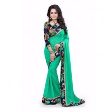 Deals, Discounts & Offers on Women Clothing - Leeps Green Georgette Printed Daily wear Fancy Lace Border Saree With Unstitched Blouse