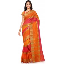 Deals, Discounts & Offers on Women Clothing - Saara Striped Fashion Cotton, Linen Saree  (Orange, Pink)