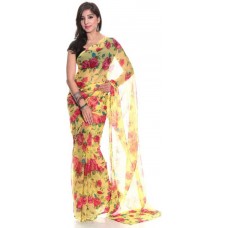 Deals, Discounts & Offers on Women Clothing - Nilesh Fab Printed Bollywood Pure Chiffon Saree  (Yellow)