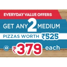 Deals, Discounts & Offers on Food and Health - SUNDAY Special:- Any 2 Medium Pizzas of Rs. 525 for Rs. 379 + Extra 10% OFF