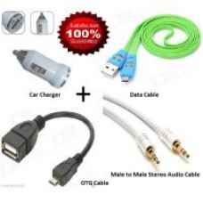 Deals, Discounts & Offers on Mobile Accessories - Combo Pack Of Otg + Data Cable For Mobile + Car Mobile Charger + Audio Cable