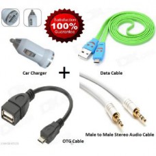 Deals, Discounts & Offers on Car & Bike Accessories - Combo Pack Of Otg + Data Cable For Mobile + Car Mobile Charger + Audio Cable