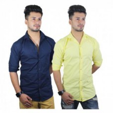 Deals, Discounts & Offers on Men Clothing - Flat 80% off on Cliff High Men's Navy Blue Yellow Casual Shirt - Pack of 2