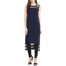 Deals, Discounts & Offers on Women Clothing - The Bebo Navy Net Pure Crepe Straight Elegant Kurti At Flat 55% off