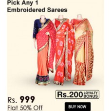 Deals, Discounts & Offers on Women Clothing - Embroidered Sarees at Rs.999