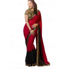 Deals, Discounts & Offers on Women Clothing - Darkroom Self Designe Red Georgette Printed Saree With Unstiched Bloses Piece