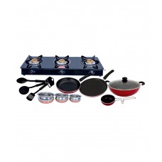 Deals, Discounts & Offers on Kitchen Containers - Flat 48% Off on Surya Accent 3 Burner Glasstop Gas Stove + Free 11 Pc Non Stick Bumper Combo