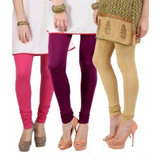 Deals, Discounts & Offers on Women Clothing - Gopika Pink,Purple & Beige Cotton Lycra Leggings Pack Of 3